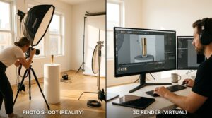 Traditional photo shoot versus 3D render comparison brand visual production